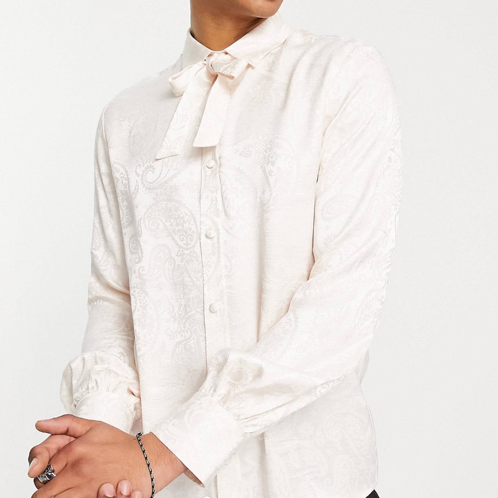 ASOS DESIGN satin jacquard shirt with neck tie in pale pink